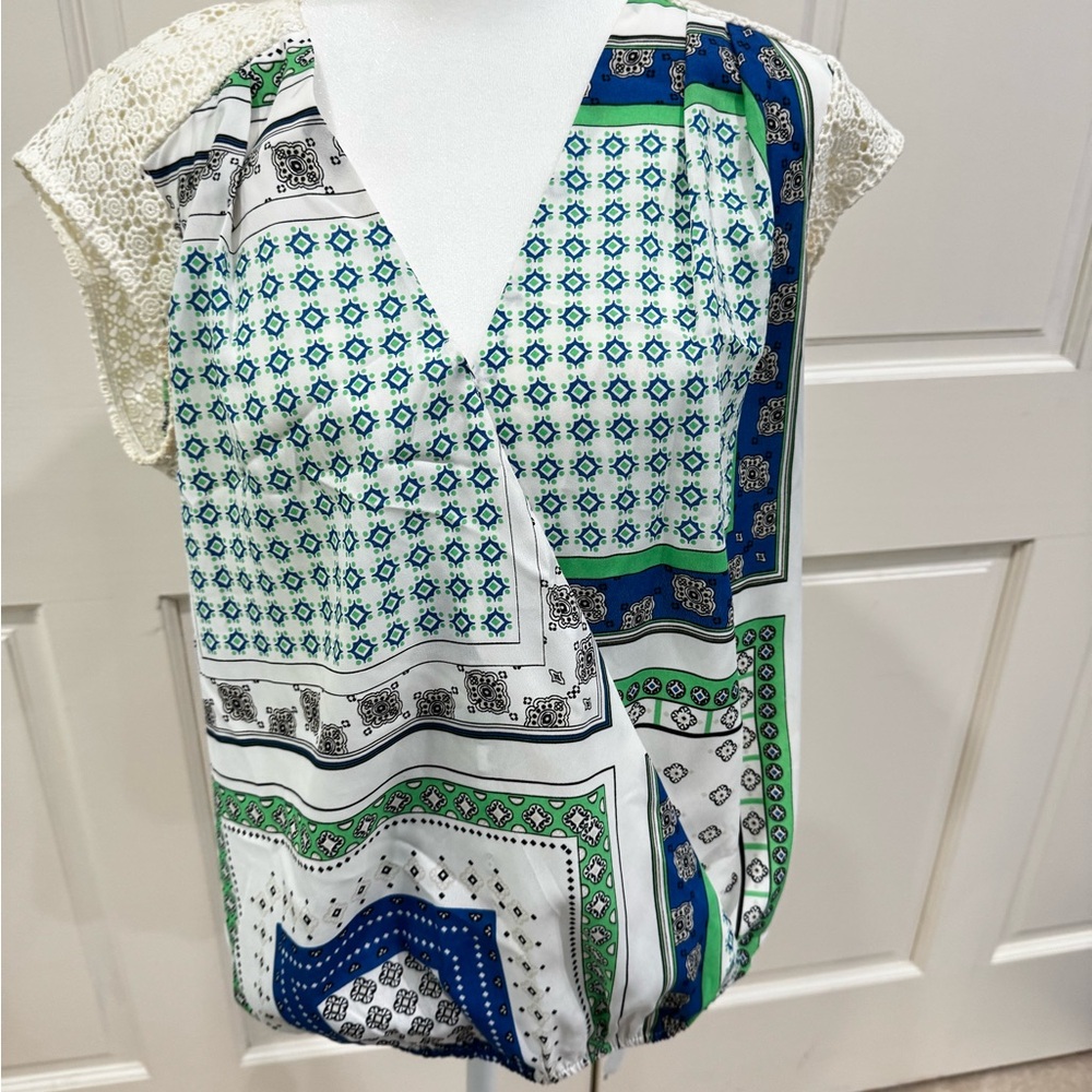 Daniel Rainn Blue and Green Wrap Blouse with V-Neck, size L